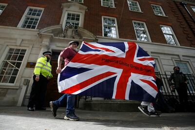 Brexit supporters protest at the Europe House in London, UK, September 9, 2020. Reuters