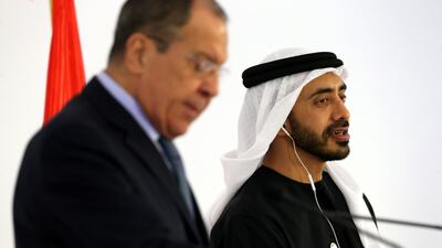 United Arab Emirates Minister of Foreign Affairs and International Co-operation Sheikh Abdullah bin Zayed bin Sultan Al Nahyan speaks during a press conference with Russian Foreign Minister Sergey Lavrov at the UAE Ministry of Foreign Affairs in Abu Dhabi, United Arab Emirates, 06 March 2019. EPA