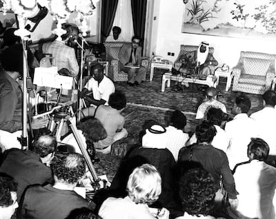 Sheikh Zayed at a press conference following the first GCC summit in Abu Dhabi, 1981. Photo: National Archives