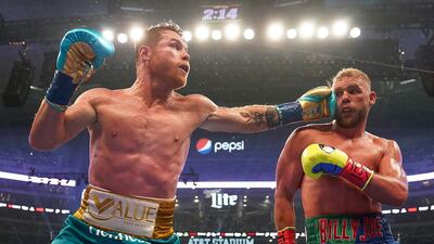 Canelo Alvarez lands a punch on Billy Joe Saunders during their super middleweight world world title fight in front of 70,000 fans at AT&T Stadium in Arlington, Texas, on Saturday, May 8. Alvarez won thanks to an eighth-round stoppage. AP