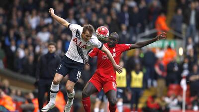 Liverpool’s Mamadou Sakho and Tottenham’s Harry Kane. Phil Noble / Reuters