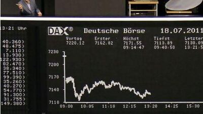 European stock markets took a battering after stress tests to the EU's banking system failed to ease concerns the region's debt crisis would worsen. Above, the Frankfurt stock exchange. Sonya Schoenberger / Reuters