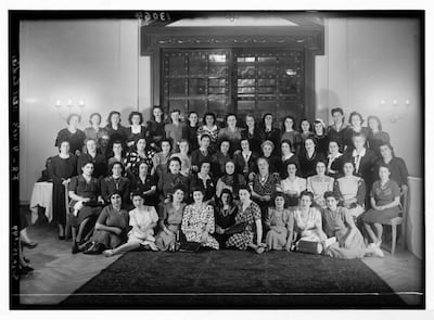 A photograph of the Arab Women's League at a Jerusalem hotel that the German artist Ines Schauber is showing as part of an exhibition on the Palestinian revolution in Jordan. A few of the audience members have recognised aunts and mothers in the picture. MMAG Foundation