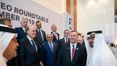 Sheikh Mohamed bin Zayed, Crown Prince of Abu Dhabi and Deputy Supreme Commander of the Armed Forces, meets the heads of many of the world's biggest oil companies at the Abu Dhabi CEO Roundtable at Adnoc's headquarters in November 2019. Hamad Al Kaabi / Ministry of Presidential Affairs