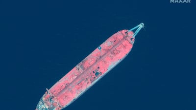 This handout satellite image obtained courtesy of Maxar Technologies on July 19, 2020, shows a satellite view of the FSO Safer oil tanker off the port of Ras Isa in Yemen. AFP PHOTO / Satellite image ©2020 Maxar Technologies