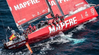Spanish boat Mapfre sails during the in-port race in Alicante, Spain to begin the 2014/15 Volvo Ocean Race on Saturday. David Ramos / Getty Images / Volvo Ocean Race / October 4, 2014