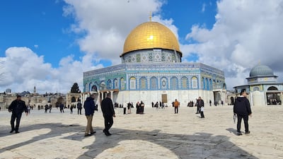 Worshippers gather at Al Aqsa Mosque compound for Friday prayers during Ramadan in February 2026. EPA