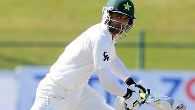 Pakistan batsman Mohammad Hafeez plays a shot during the final day of the first cricket Test match between Pakistan and Sri Lanka at the Sheikh Zayed Stadium in Abu Dhabi. Ishara S Kodikara / AFP
