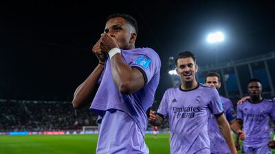Real Madrid's Rodrygo, left, celebrates with teammates. AP Photo