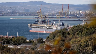 An oil tanker moored at the Russian port city of Novorossiysk. Moscow says it is confident it will find new markets. AP