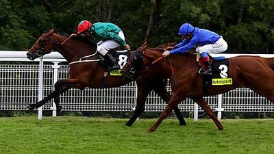 Royston Ffrench and Sea Lord get the better of Frankie Dettori and Invisible Man at Goodwood yesterday.