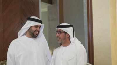 Sheikh Diab bin Mohammed bin Zayed, left, offers condolences to Sheikh Rashid bin Hamdan (R) on the death of his son Sheikh Hamdan bin Rashid bin Hamdan bin Mohammed Al Nahyan. Mohamed Al Hammadi / Crown Prince Court - Abu Dhabi