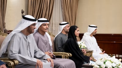 Dr Sultan bin Ahmed Al Jaber, UAE Minister of Industry and Advanced Technology Group CEO of Adnoc and Chairman of Masdar, Ali Mohamed Hammad Al Shamsi, Secretary General of the UAE Supreme Council for National Security, Sheikha Salama bint Mohamed, Sheikh Mohamed bin Hamad, Private Affairs Adviser in the Presidential Court and Sheikh Hamdan bin Mohamed attend a meeting with Mr El Sisi, in Cairo. Photo: Hamad Al Kaabi / UAE Presidential Court