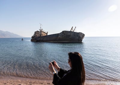 The Georgios G shipwreck, otherwise known as the “Saudi Titanic”, is a favourite picture spot for visitors. Reem Mohammed / The National