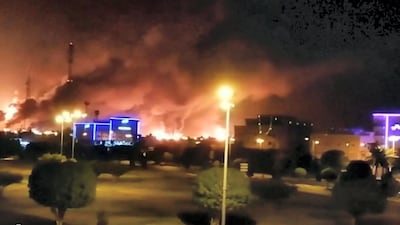 Flames and huge palls of smoke are seen over Abqaiq, the site of Aramco's largest oil processing plant.