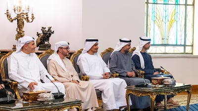Sheikh Hamdan bin Mohamed, Deputy Chairman of the Presidential Court for Special Affairs, and Sheikh Mohamed bin Hamad, Adviser to President Sheikh Mohamed, with members of the UAE delegation. Hamad Al Kaabi / UAE Presidential Court
