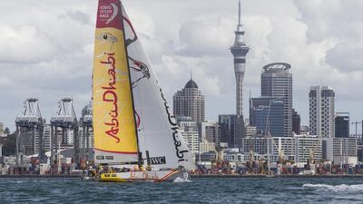 Abu Dhabi Ocean Racing's Azzam sails around the waters off the shore of Auckland, New Zealand. Photo Courtesy / Ian Roman / Abu Dhabi Ocean Racing