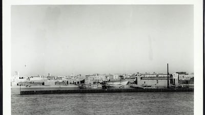 Construction of a wall in March, 1960 to protect against sea erosion on the Deira side of Dubai Creek. Courtesy Arabian Gulf Digital Archive