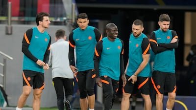 Left to right: Chelsea's Mason Mount, Thiago Silva, N'Golo Kante, Mateo Kovacic and Jorginho during training the Mohamed bin Zayed Stadium in Abu Dhabi. AP