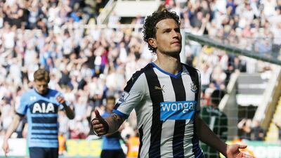 Newcastle United’s Daryl Janmaat celebrates scoring their fourth goal against Tottenham Hotspur during the Premier League match between Newcastle United and Tottenham Hotspur at Saint James’ Park stadium in Newcastle, Britain 15 May 2016. Lindsey Parnaby / EPA