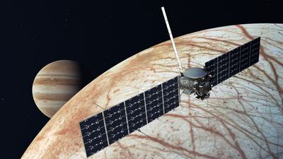 An artist's impression of the Europa Clipper. The probe's mission could begin this week but it is hostage to the earthly force of a hurricane over its Florida launch site. Photo: Nasa