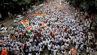 Members of the Karnataka Pradesh Congress Committee take part in a march to commemorate India's Independence Day. EPA