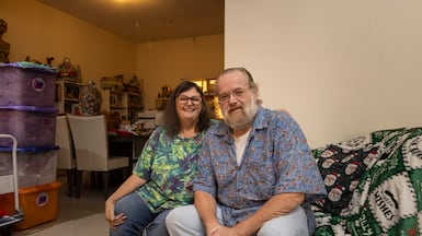 Darcy Harris and her husband Paul Hudson at home in Sharjah's Hay Barashi district. Antonie Robertson / The National
