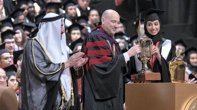 Sheikh Dr Sultan bin Muhammad Al Qasimi, Ruler of Sharjah and president of the American University of Sharjah, attends a graduation ceremony on Saturday. Wam