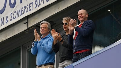 Chelsea's new owner Todd Boehly, centre, celebrates Romelu Lukaku's goal. Reuters