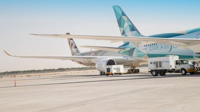 Etihad Airways owned Boeing 787 and Airbus A350 parked alongside at the Dubai Airshow 2021. All photos: Etihad Airways