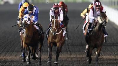 Furnace, right, ridden by Colm O’Donoghue, outlasts the field to win race three last night.