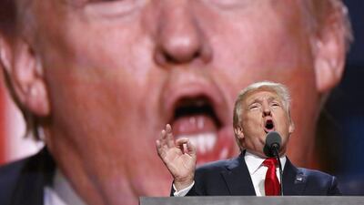 Republican Presidential nominee Donald Trump delivers his address during the final day of the 2016 Republican National Convention at Quicken Loans Arena in Cleveland, Ohio, USA, July 21, 2016. Michael Reynolds / EPA