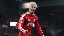 Hugo Ekitike of Liverpool scores to make it 1-1 against Newcastle. EPA