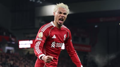 Hugo Ekitike of Liverpool scores to make it 1-1 against Newcastle. EPA