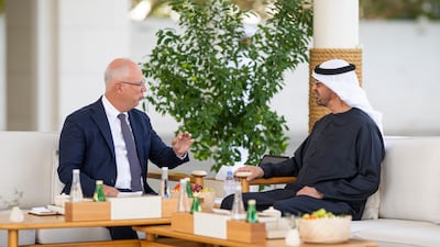 President Sheikh Mohamed and Russian special presidential envoy Kirill Dmitriev at Qasr Al Shati in Abu Dhabi. Photo: UAE Presidential Court