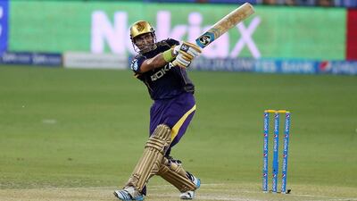 DUBAI , UNITED ARAB EMIRATES – April 19 , 2014 : Robin Uthappa of KKR playing a shot in the IPL match between Delhi Daredevils vs Kolkata Knight Riders at Dubai International Cricket Stadium in Dubai. ( Pawan Singh / The National ) For Sports. Story by Paul