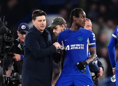Chelsea manager Mauricio Pochettino congratulates Trevoh Chalobah after the win over Tottenham. PA