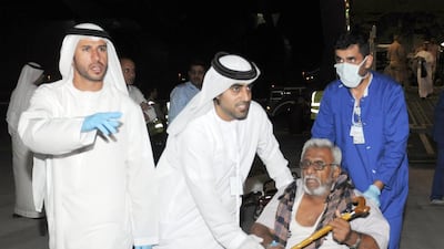 On May 15, a Yemeni arrives in Abu Dhabi to receive medical treatment after being injured in attacks by Houthi militias and their supporters. Wam