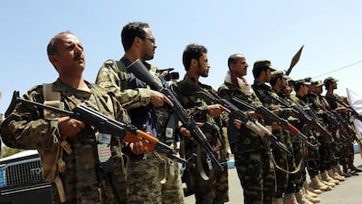 Supporters of Houthi rebels hold weapons during a gathering to mobilise more tribal fighters into the intensifying battlefront of Hodeidah, in Sanaa, Yemen. EPA