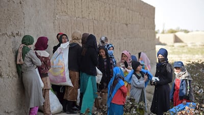 Afghan women and children rest after harvesting cotton in a field in Balkh province. AFP