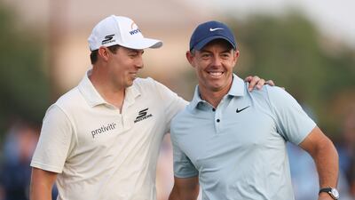 Matt Fitzpatrick and Rory McIlroy during the trophy presentation at Jumeirah Golf Estates. Getty Images