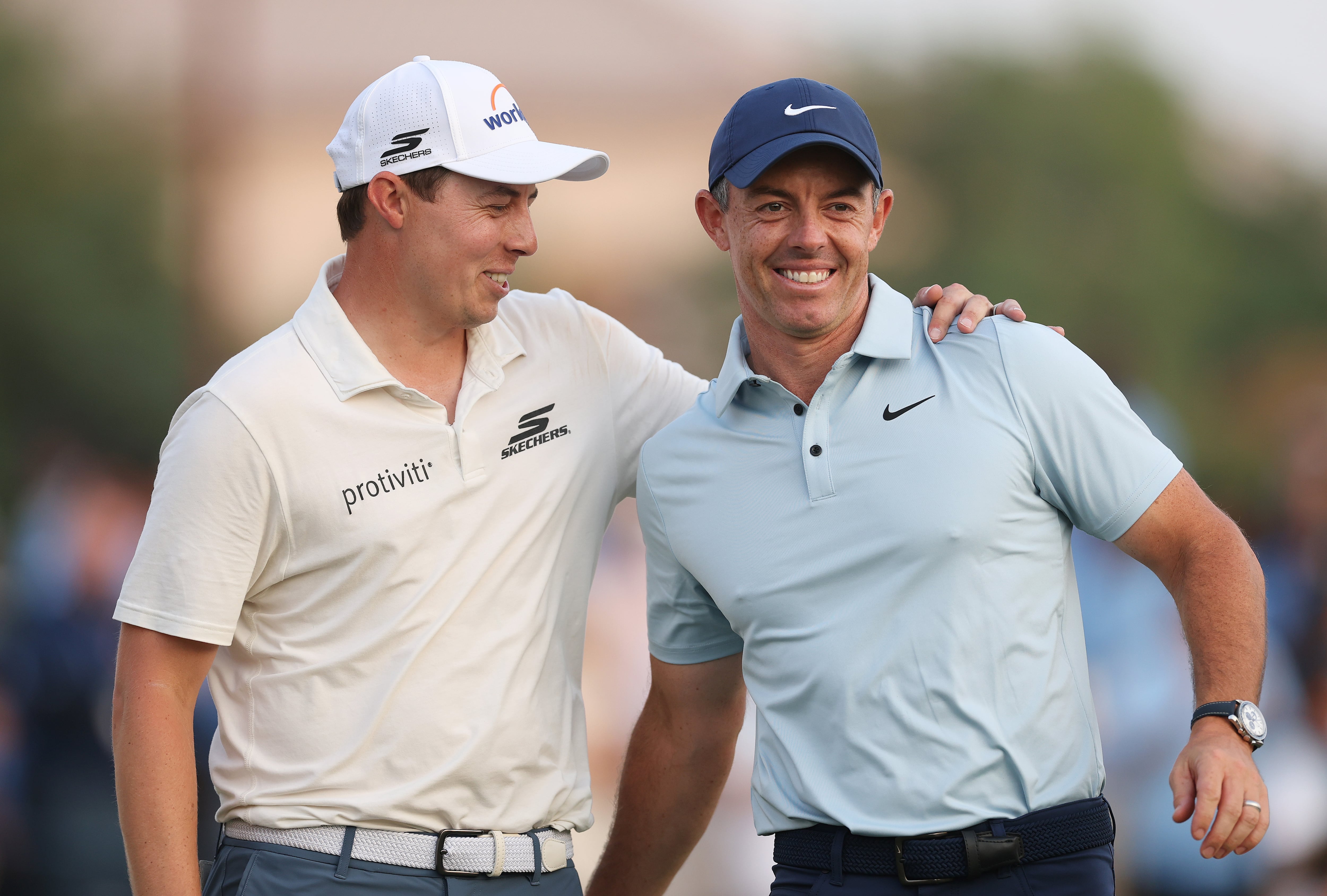Matt Fitzpatrick and Rory McIlroy during the trophy presentation at Jumeirah Golf Estates. Getty Images