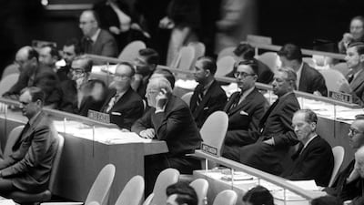 An all-male contingent of ambassadors listen to a debate at the United Nations General Assembly meeting in 1956. There are more women today but diplomacy remains male-dominated. AP
