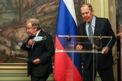 Russian Foreign Minister Sergey Lavrov, right, and UN Secretary-General Antonio Guterres met on Tuesday. AP