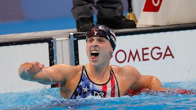 Kathleen Ledecky of the US celebrates after winning the women's 1500m freestyle final