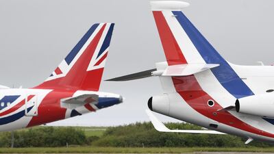The planes of UK Prime Minister Boris Johnson and French President Emmanuel Macron together on the Newquay runway. Getty
