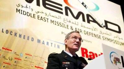 Director of the US Missile Defense Agency Lieutenant General Patrick O'Reilly delivers his keynote address at the symposium.