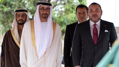 Sheikh Mohammed bin Zayed, Crown Prince of Abu Dhabi, met King Mohammed VI of Morocco, right, at the Royal Palace of Casablanca to discuss issues affecting the region, such as security and extremism. The two leaders also signed 11 agreements. Fadel Senna / AFP