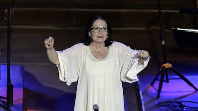 Nana Mouskouri performs at the antique Herodes Atticus theatre beneath the Acropolis in Athens on Monday. Louisa Gouliamaki / AFP