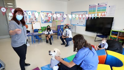 Lotus is a rescue dog adopted by Emay van der Walt, a South African inclusion specialist at the school.